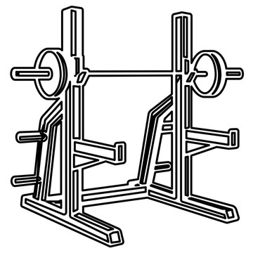 Modern squat rack stand vector icon for heavy weightlifting and strength training, clean minimalist line art illustration of home gym equipment for powerlifting and bodybuilding workouts.