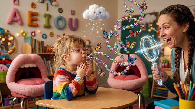 Speech therapy session with child and therapist using magical visual aids