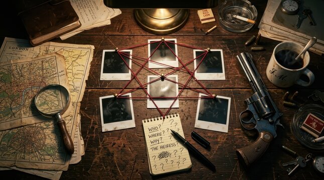Detective investigator desk with crime scene evidence photographs and red string map
