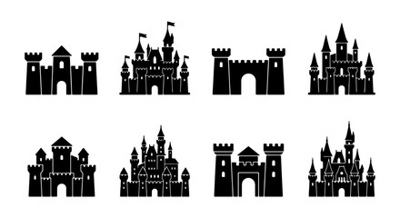 Castle Icons Set, Medieval Fortress Silhouettes, Fantasy Kingdom Architecture, Vector Graphics for Fairytales © Shaila