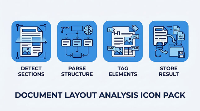 Document layout analysis icon pack with detect sections, parse structure, tag elements, and store result actions