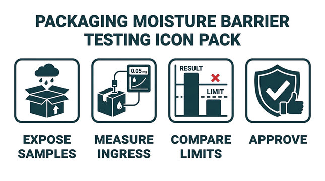 A testing icon pack displays four steps for packaging moisture barrier evaluation including exposing samples in various conditions.