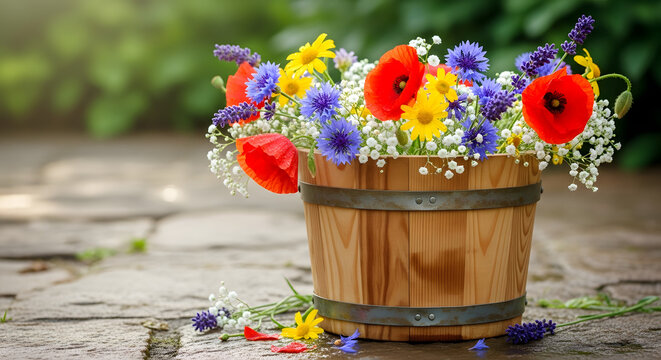 Colorful Wildflowers in a Rustic Wooden Basket 4k pc wallpaper