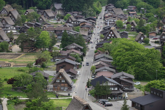 Panoramic view of the traditional village of Shirakawa-go in Japan.