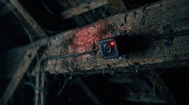 Active security camera with glowing red indicator light mounted on a rustic wooden beam in a dark, dusty, cobweb-filled attic