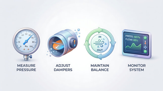 HVAC technician measuring pressure, adjusting dampers, maintaining balance, and monitoring system performance