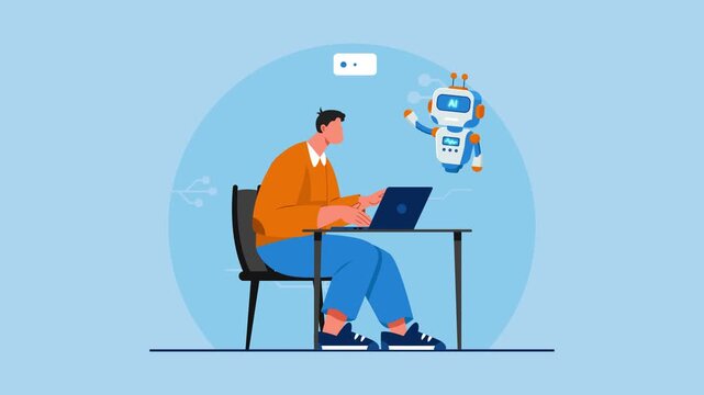 Video animation motion graphic of man working on laptop with AI assistant support 2D flat cartoon stock footage 4K high quality