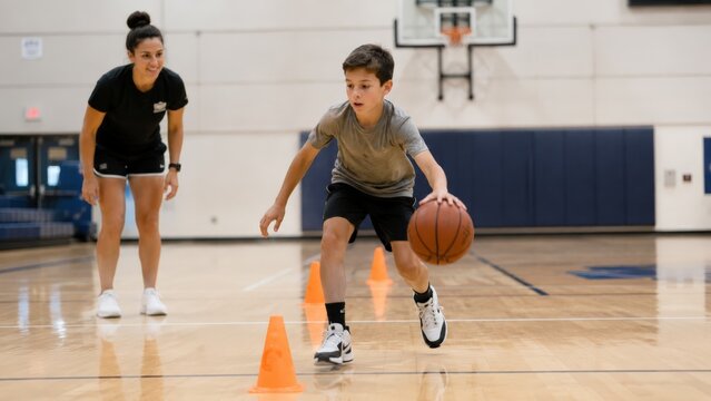 A young male student practices dribbling a basketball through a series of orange agility cones on an indoor court while a female sport trainer observes his technique