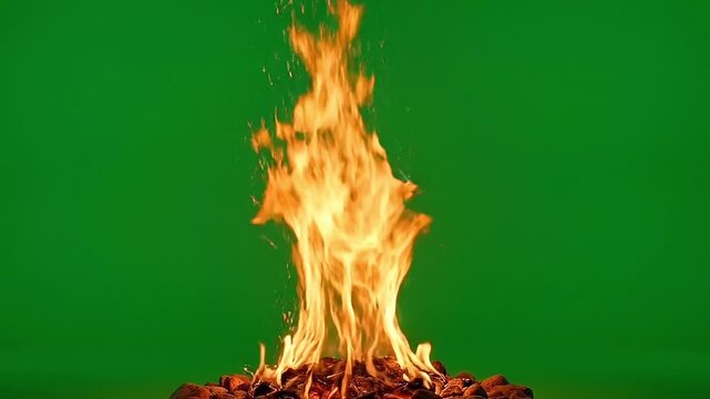 Bright orange flames burning on a pile of logs against a green screen background