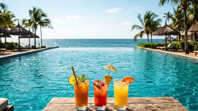 Tropical cocktails by the infinity pool with palm trees and ocean view
