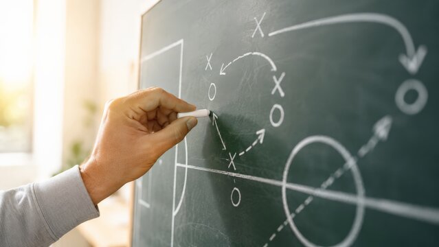 A sport trainer creating a game plan on a chalkboard with a white chalk, focusing on strategy and teamwork