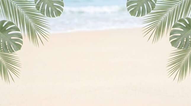Vibrant tropical beach background with lush green monstera and palm leaves framing a serene sandy shore and sparkling blue ocean, ideal for summer vacation and tranquil getaway themes