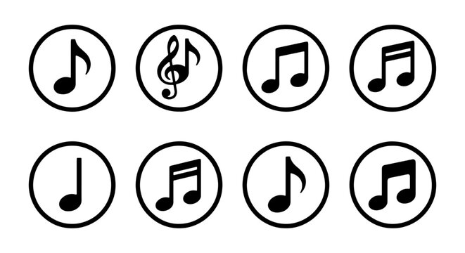 Set of 8 Music Note Icons, Musical Symbols Collection, Audio Notation Graphics, Sound Elements for Design