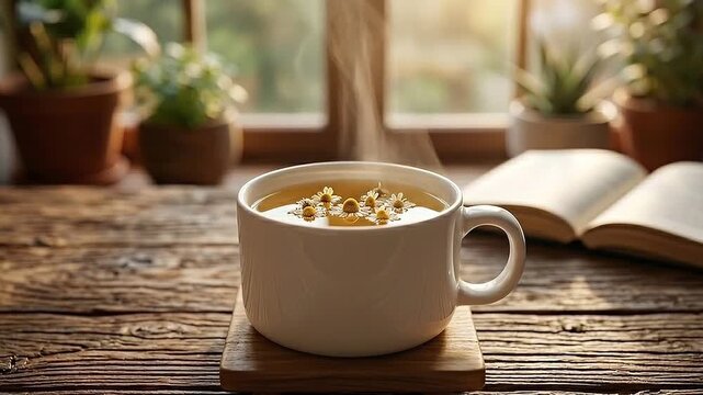 Steaming cup of chamomile tea with flowers and an open book on a wooden table by the window
