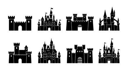 Fantasy Castle Silhouettes Collection, Medieval Fortress Icons, Fairytale Architecture Vector Set, Royal Palace Graphics © Tanvir
