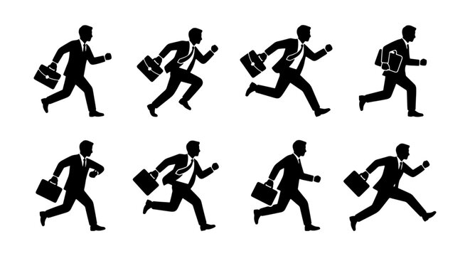 Business Man Running Silhouette Collection, Professional Male Figure Motion Sequence, Corporate Career Pursuit Icons, Office Worker Action Poses