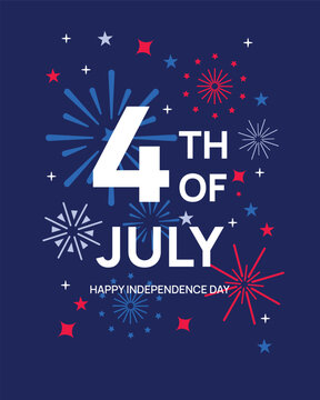 4th of July Fireworks Banner, USA Independence Day Celebration Background with Patriotic Stars. Red, white and blue fireworks. Social media Template. 