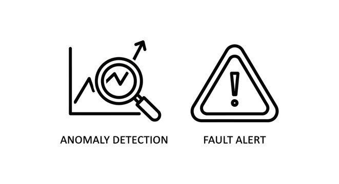 Professional business icon set featuring anomaly detection and fault alert indicators for system monitoring detection monitoring analysis magnifier triangle business technology