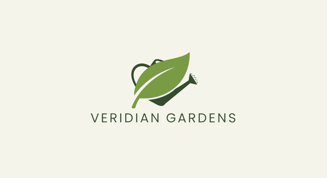 Green leaf shaped heart watering can logo for Veridian Gardens, eco-friendly design