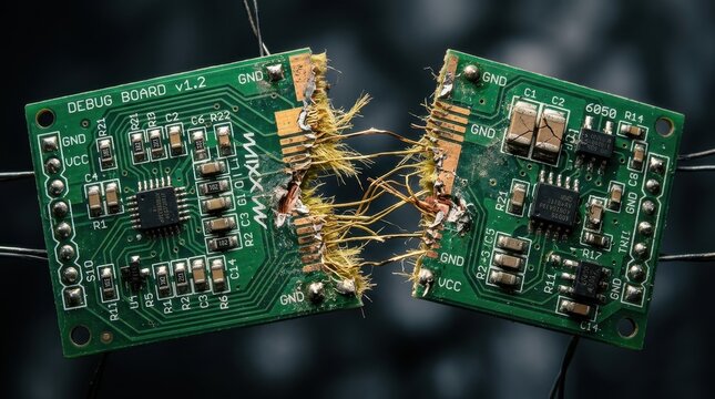 Macro Shot of a Severely Damaged and Torn Green Circuit Board with Visible Internal Fibers
