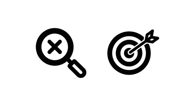 Failure cause and root cause analysis icons set with analysis magnifying bullseye business research management investigation strategy accuracy detection diagnostic evaluation