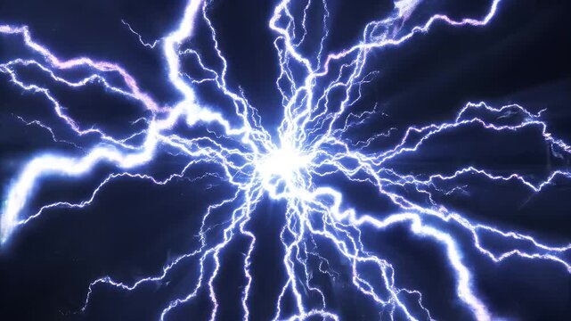 A powerful electrical discharge emanates from a central point, illuminating the dark, cloudy sky.