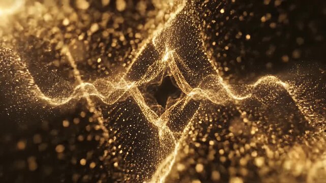 Abstract shimmering golden particles forming a fluid-like vortex.