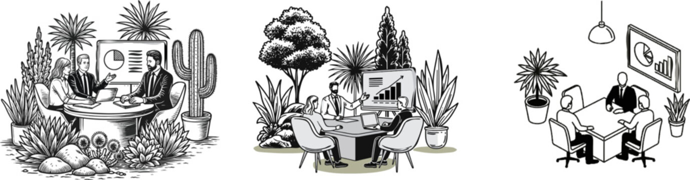 A business leader from a BIPOC background leads a modern team meeting in an isometric perspective conference room adorned with lush cacti and succulents, using detailed charts to guide the discussion
