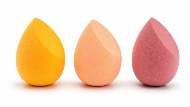 Three colorful makeup sponges for foundation application isolated on white studio background.