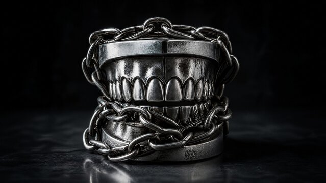 constrained. Metal dental model wrapped in heavy chains, symbolic representation of constrained movement on dark background. wellbeing guides.