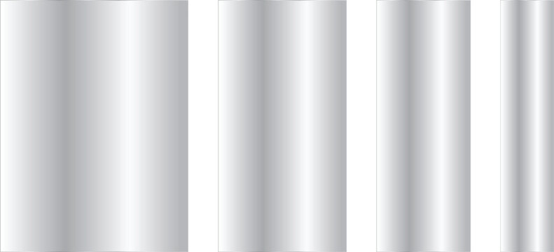 Silver metallic cylinders set glossy chrome tubes or columns of different widths with 3d gradient effect vector illustration of steel pipes, rolls, or metal bars