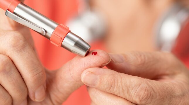 Close-up of finger prick for blood sugar testing with a lancing device. Diabetes monitoring and glucose check. Senior healthcare and medical self-care