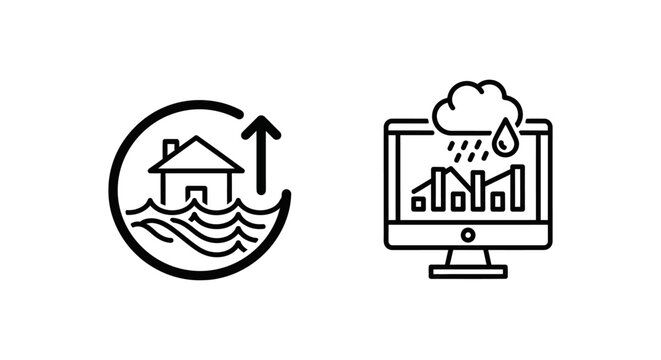 Flood forecast indicators and monitoring dashboard icons with forecast dashboard indicator monitoring disaster analysis emergency environment technology protection preparedness