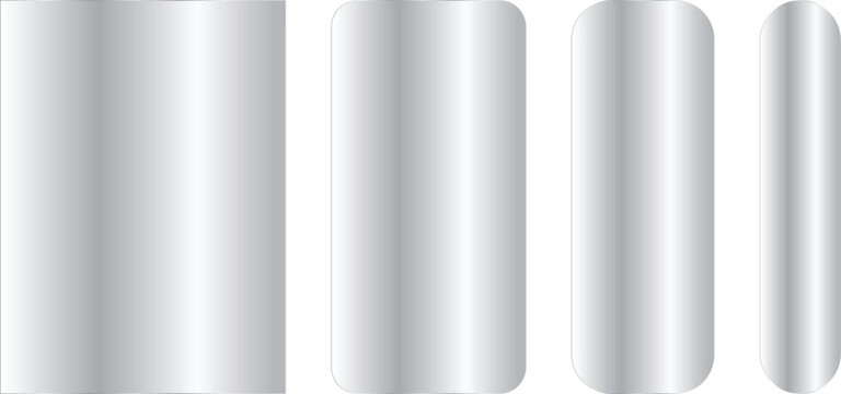 Set of four metallic silver banners with different corner radii, glossy chrome texture, realistic metal plates for web design, ui elements, buttons, and labels