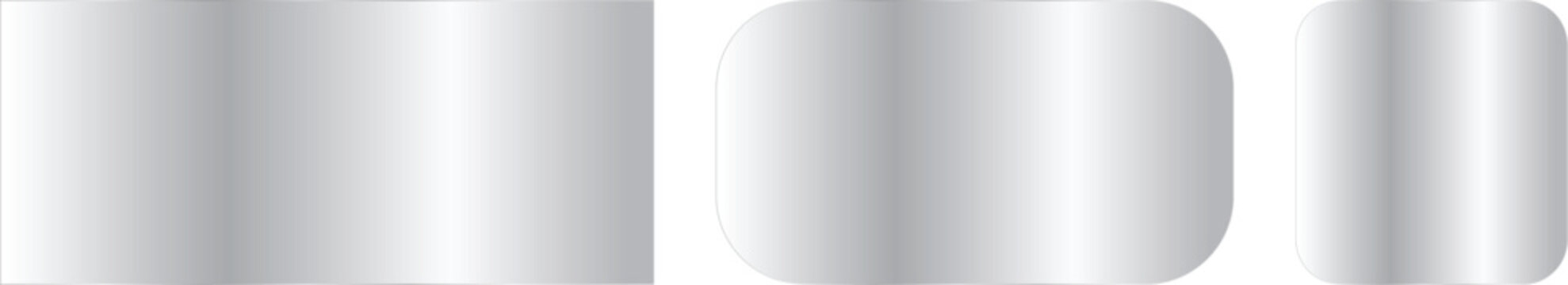 Set of three metallic silver rectangular and square labels with rounded corners, glossy chrome texture, realistic vector illustration