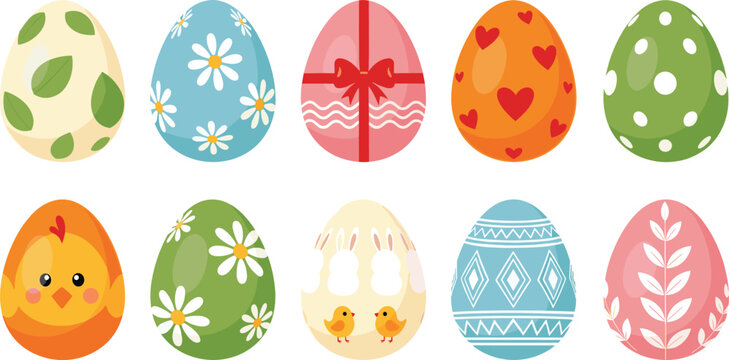 Cute Easter eggs vector illustration set with colorful floral patterns hearts ribbon bow and cartoon chicks for spring holiday decoration