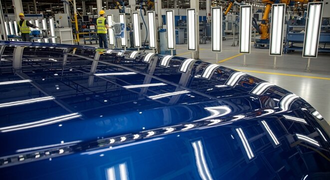 Car manufacturing plant with workers and blue vehicle bodies