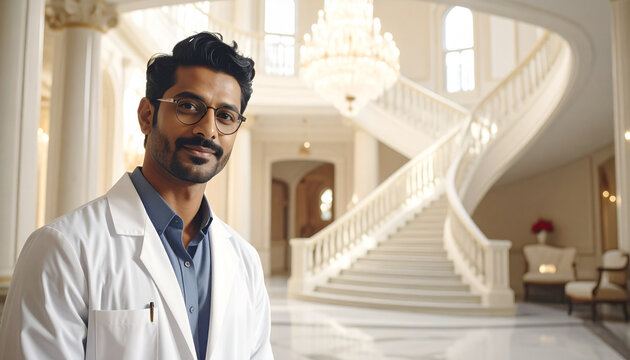 Asian man in white lab coat standing in luxurious interior