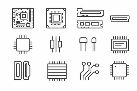 Motherboard Line Icons. Computer motherboard macro shot. Line outline icon set of Computer motherboard macro