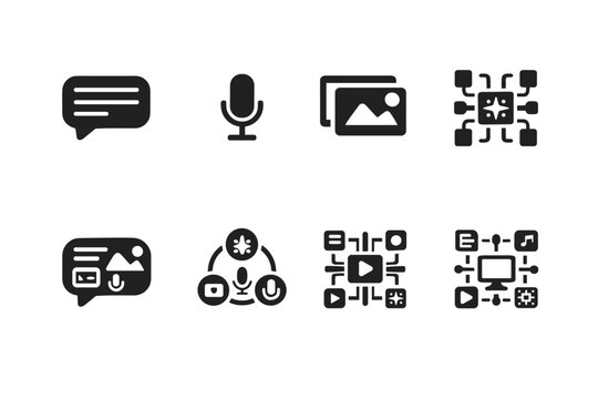 Multimodal AI Icon Set. Multimodal AI Assistant. Filled icon set of Multimodal AI Assistant: text input, voice