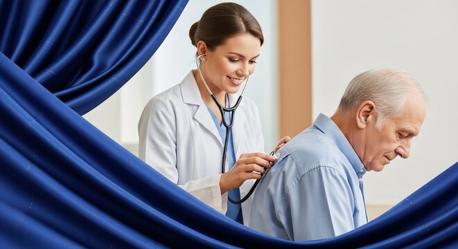 Doctor examining senior patient's back with stethoscope