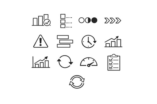 Work Progress Icons. Work in progress tracking. Line outline icon set of work in progress tracking: WIP column