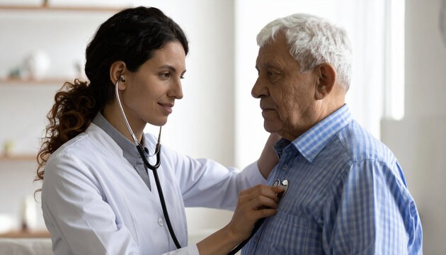 Doctor listening to elderly patient's heartbeat with stethoscope
