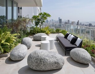 Obraz premium Modern rooftop patio with unique stone seating and city skyline view, perfect for luxury living