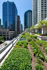 Obraz premium Modern Green Rooftop Garden Oasis Amidst Tall Urban Skyscrapers on a Sunny Day