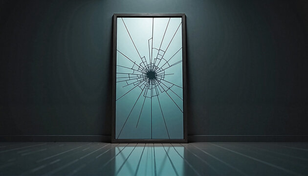 Cracked mirror in dark minimalist interior, shattered self-image and narcissistic personality disorder concept with copy space