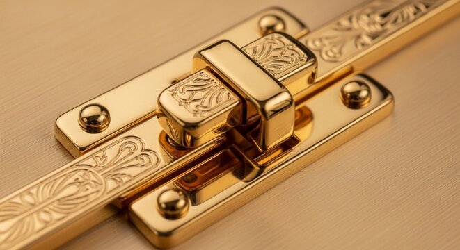 Golden metal latch lock hardware with ornate design