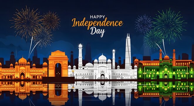 India independence day celebration with landmarks and fireworks