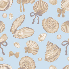 Fototapeta premium Vintage Neutral Seashell Seamless Pattern, Beige Coquette Shells Bows Digital Paper, Coastal Grandmother Fabric, Warm Sepia Ocean Wallpaper