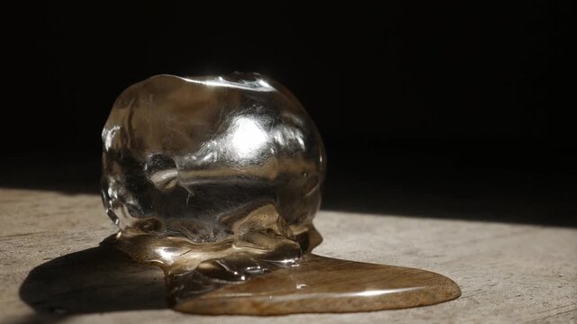 Single melting ice cube on rustic wooden table surface with dramatic sunlight shadow in dark moody still life macro photography